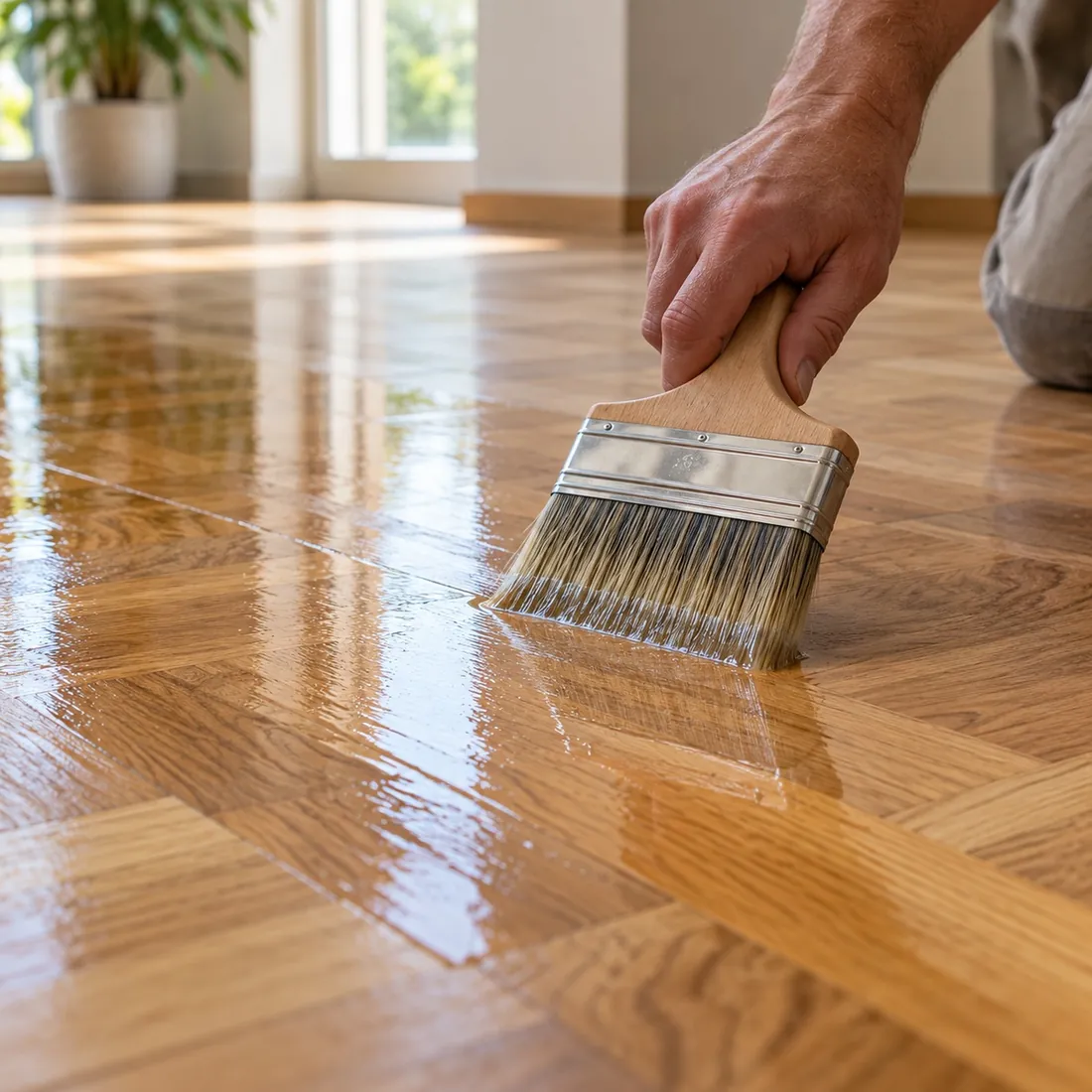 Pincel aplicando hidrolaca sobre tablas de parquet